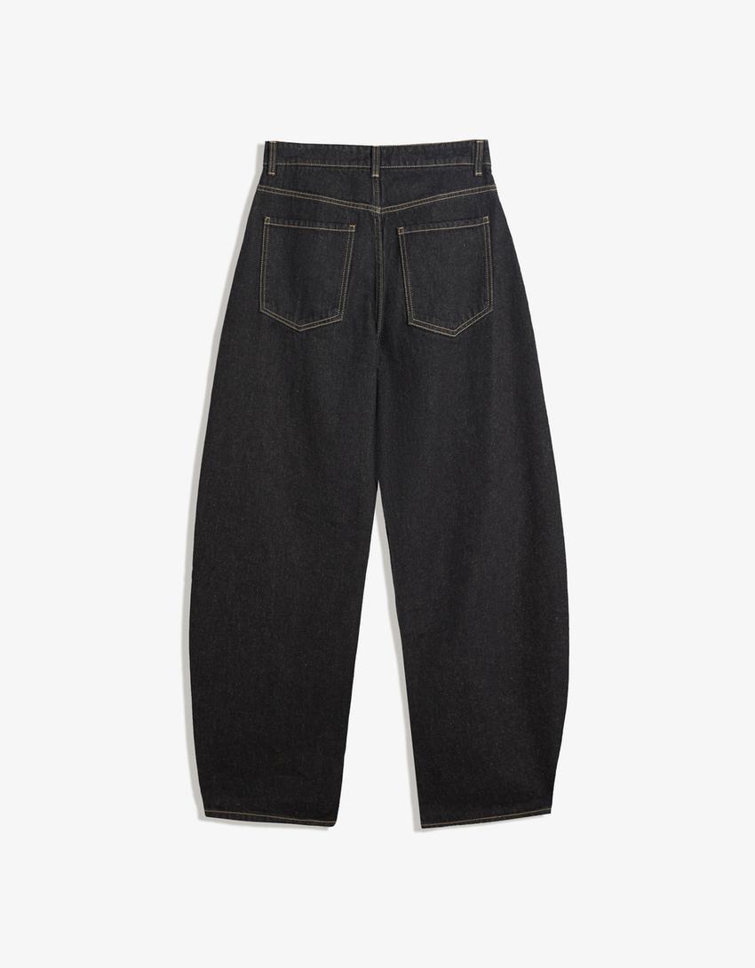 High-Waist Wide-Leg Barrel Jeans- Black
