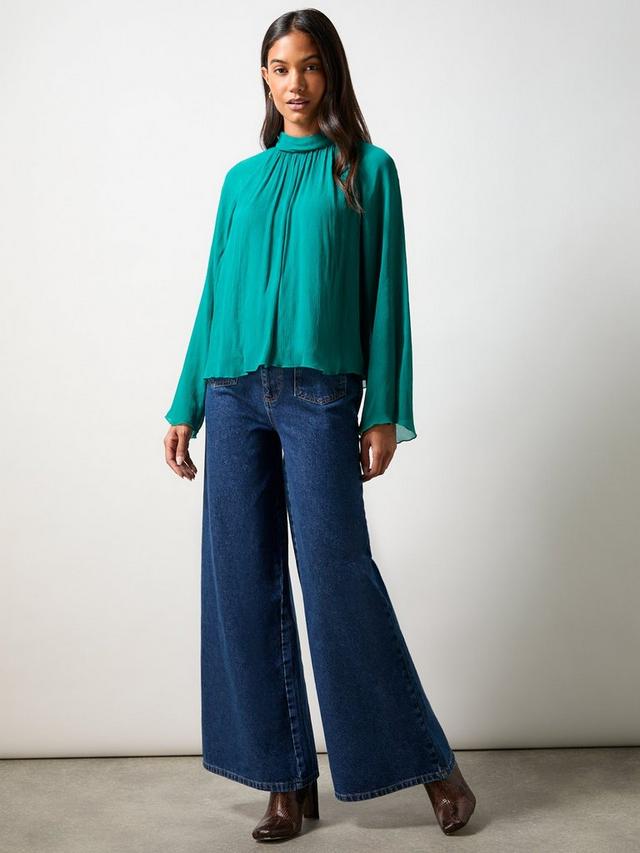 Crinkle Flared Sleeve Blouse, Green