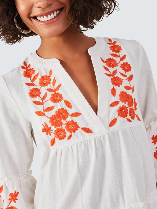 Embroidered Flute Sleeve Beach Dress, Ivory