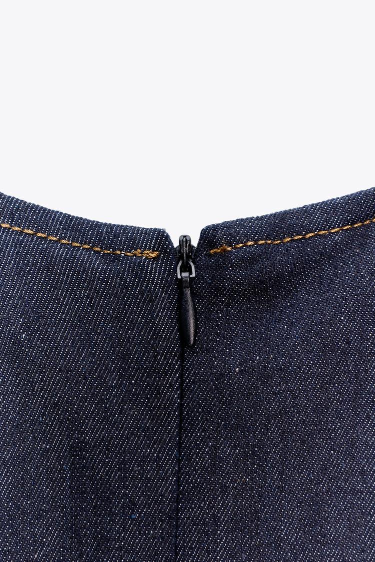 Zara Long Denim Round Neck Short sleeve Flared Hem Dress