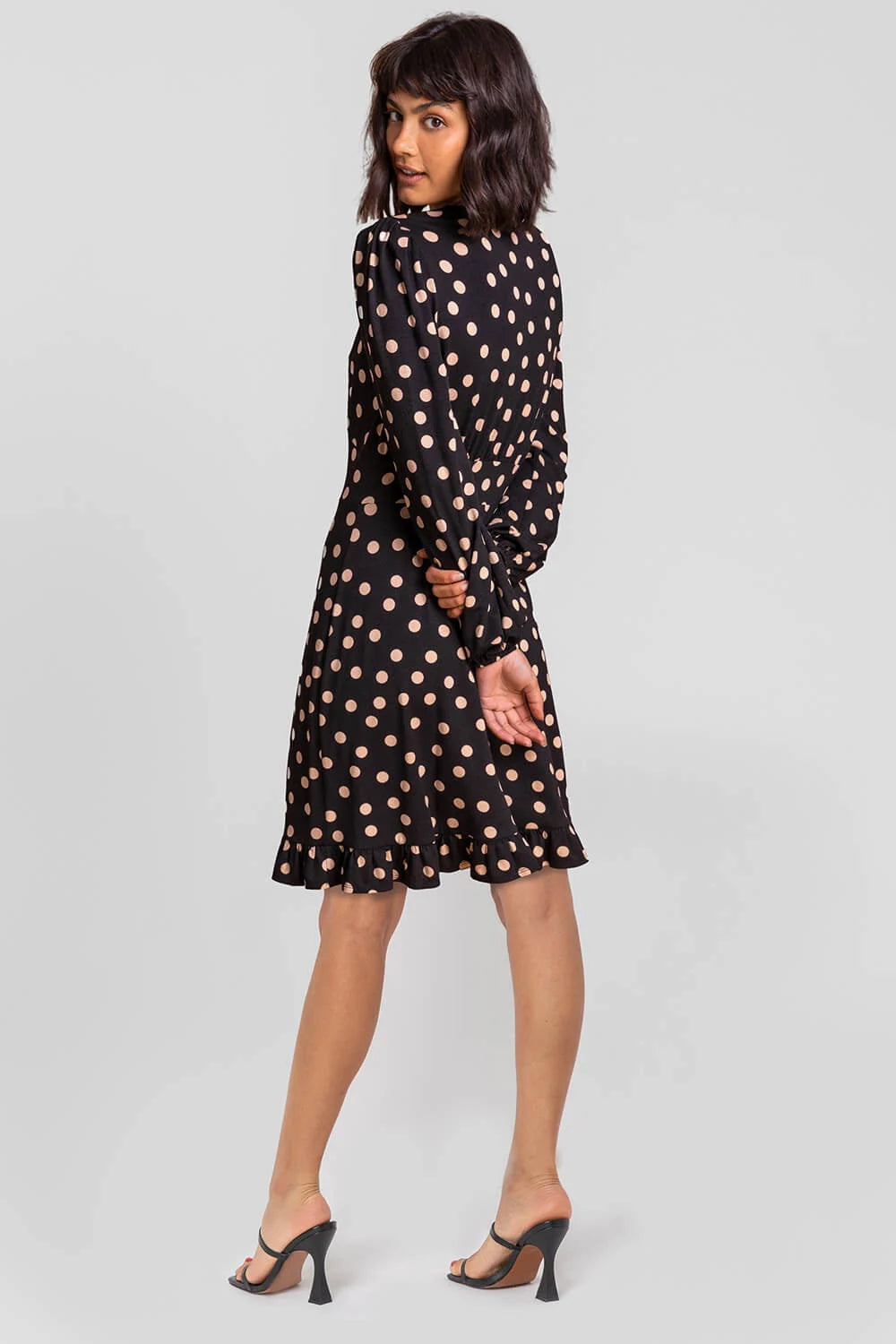 Black Frill Detail Spot Stretch Dress