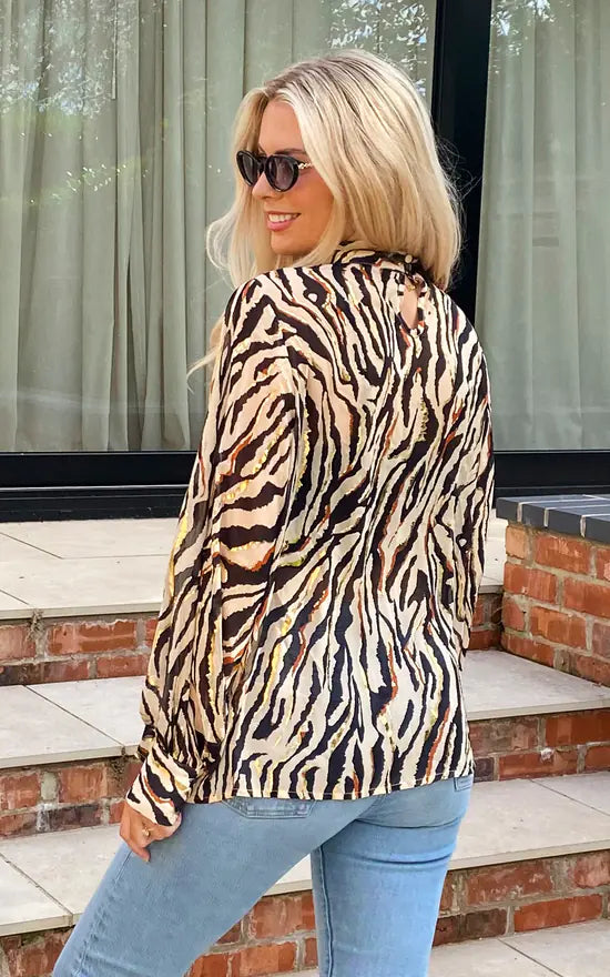 Zebra High Neck Chiffon Blouse In Beige With Gold