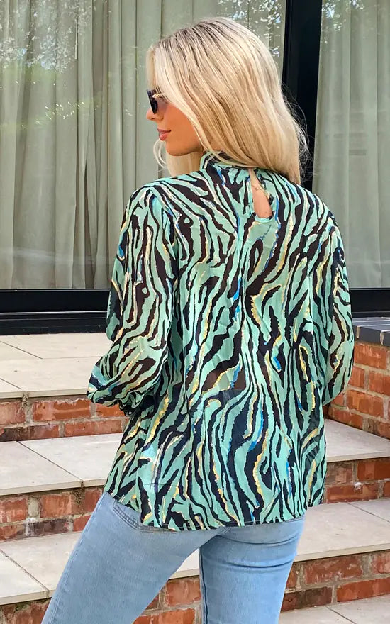 Zebra High Neck Chiffon Blouse In Turquoise With Gold