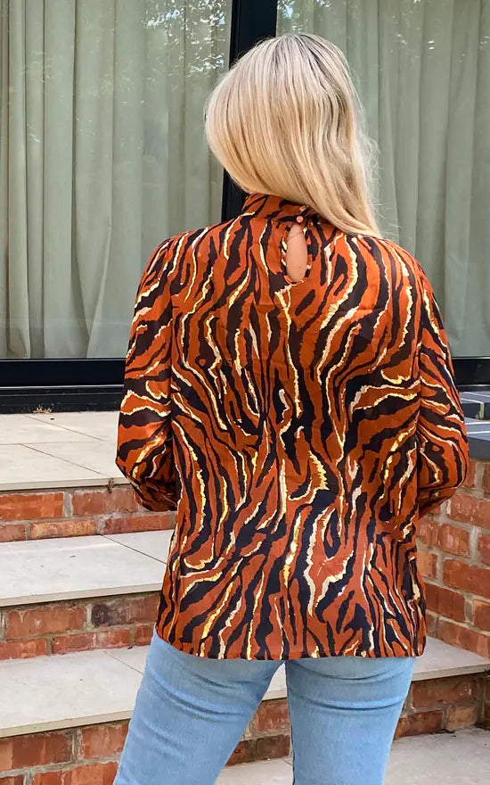 Zebra High Neck Chiffon Blouse In Brown With Gold