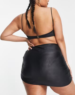 Curve Satin Wrap Skirt Bikini Bottom In Black