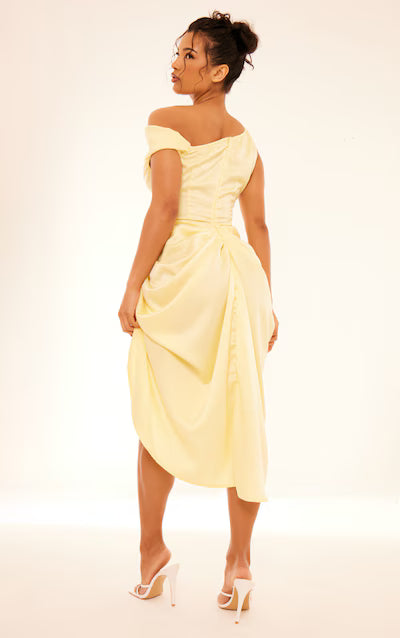 Lemon Satin Off The Shoulder Draped Skirt Midi Dress