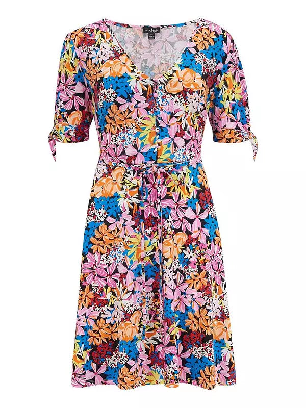 Bella Slinky Jersey Tie Sleeve Tea Dress - Multi