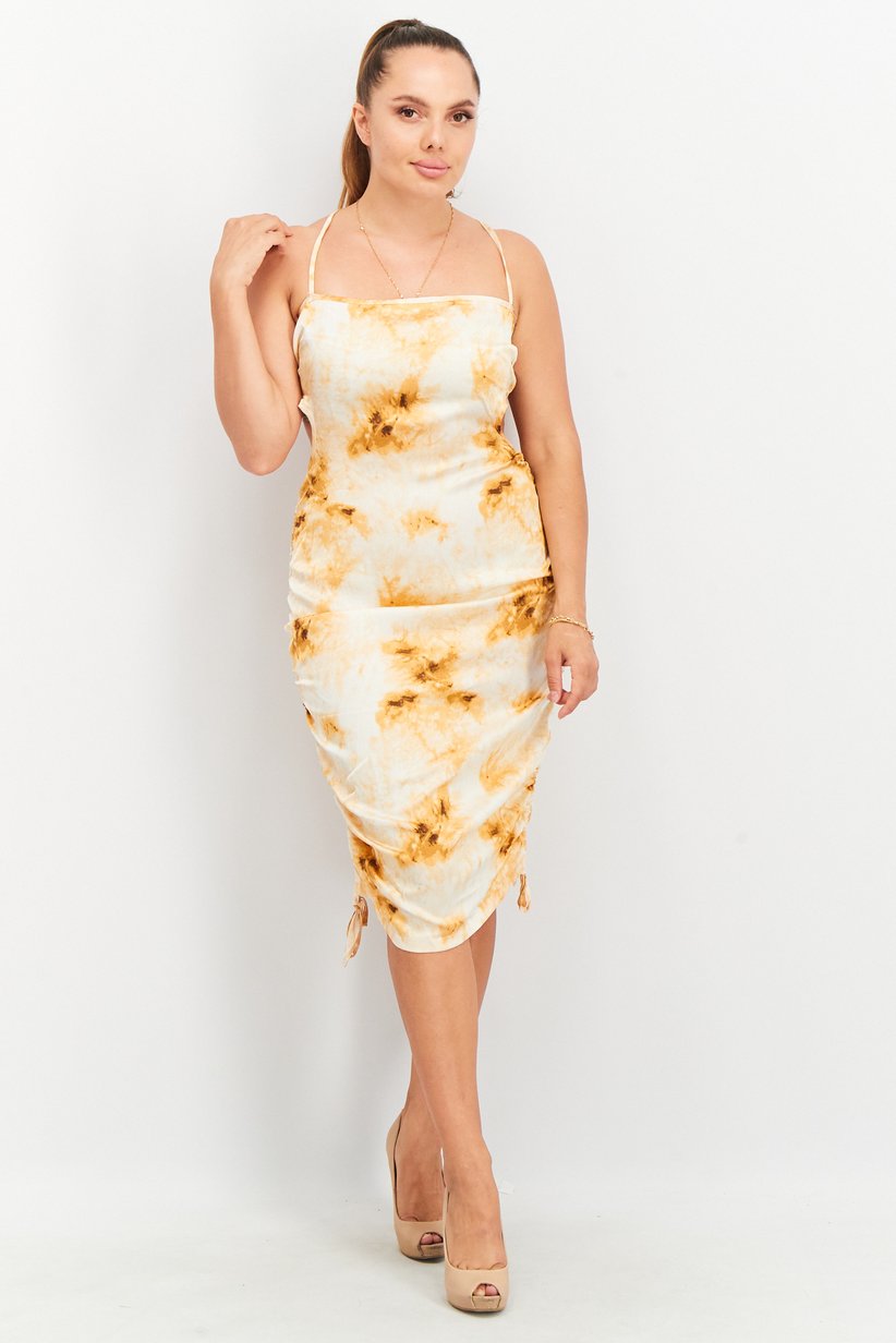Women Back Detail Tie Dye Satin Midi Dress