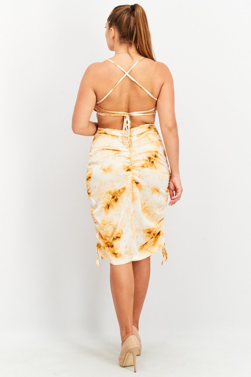 Women Back Detail Tie Dye Satin Midi Dress