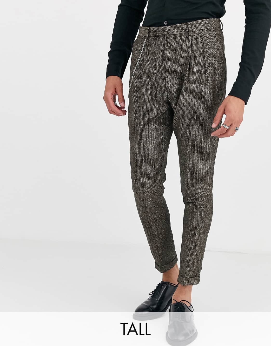 Tall tapered fit cropped suit trousers in herringbone