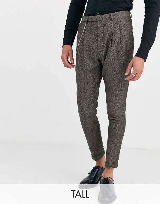 Tall tapered fit cropped suit trousers in herringbone