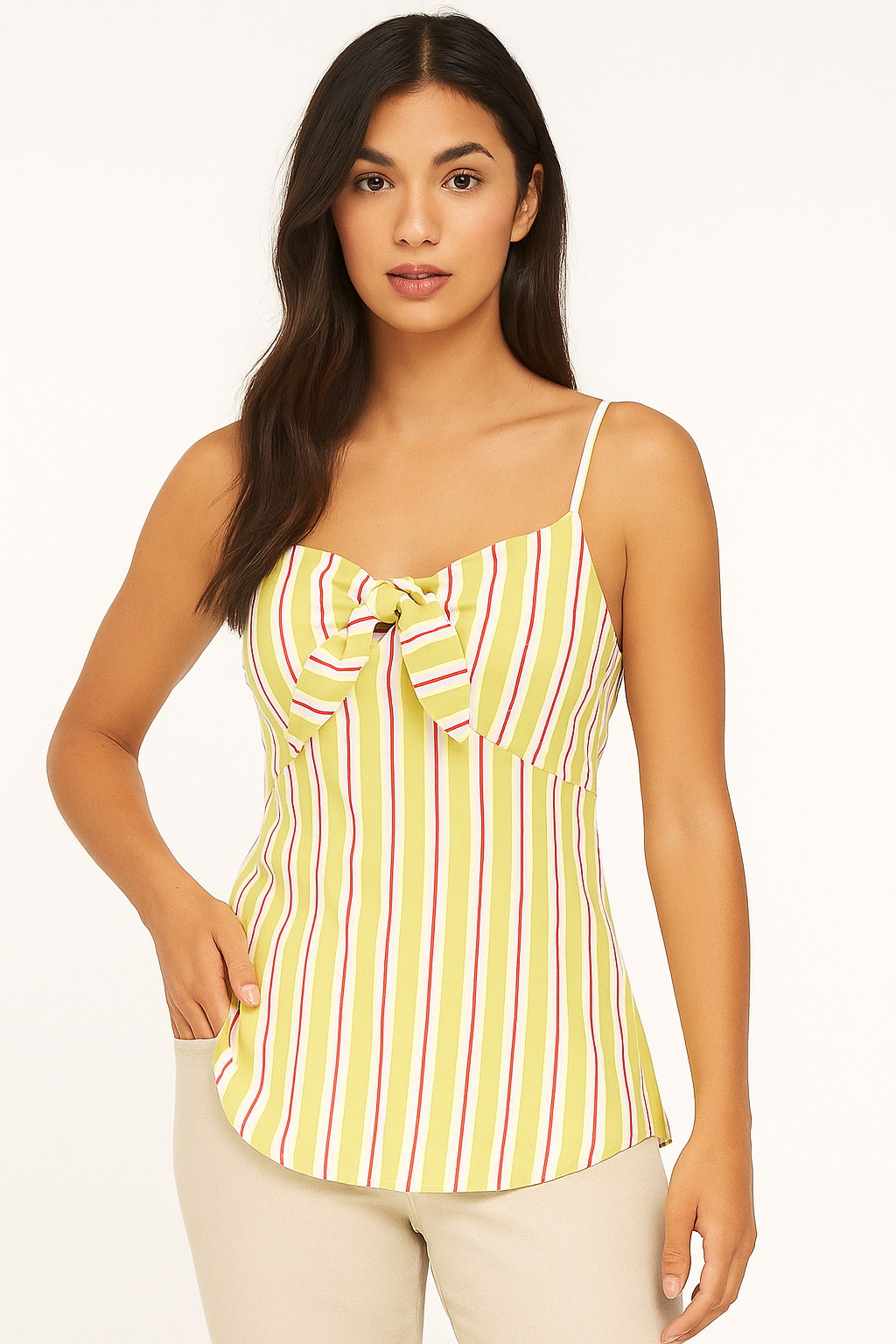 Ivory Green Stripe Cami Top Sleeveless Vest Blouse Knot Front