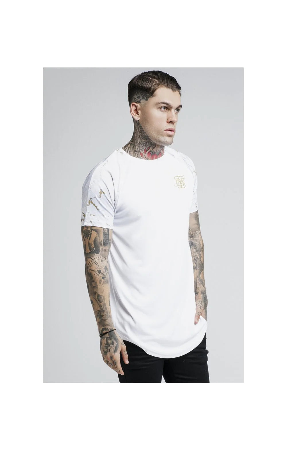 Marbleise Raglan Curved Hem Tee - White & Light Grey