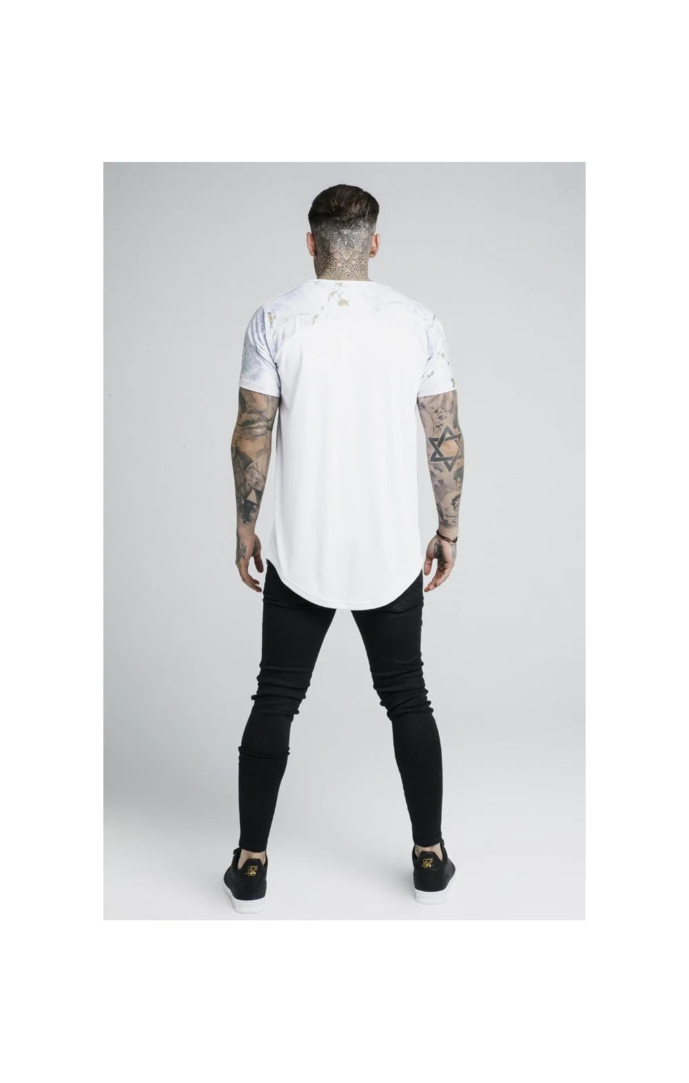 Marbleise Raglan Curved Hem Tee - White & Light Grey