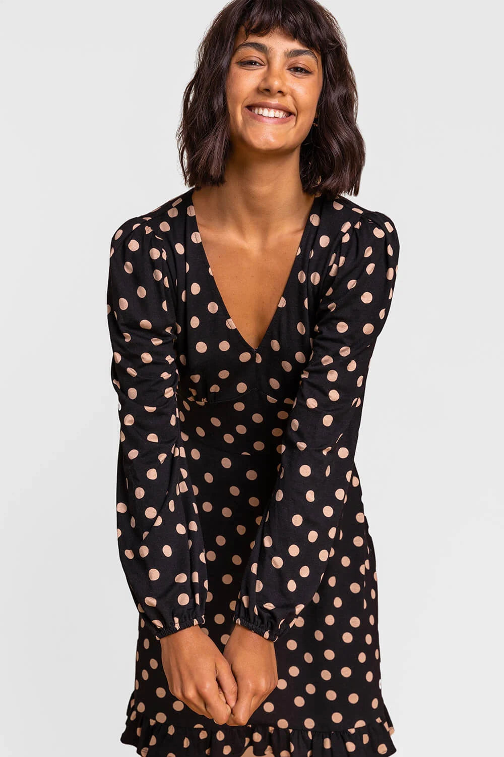 Black Frill Detail Spot Stretch Dress