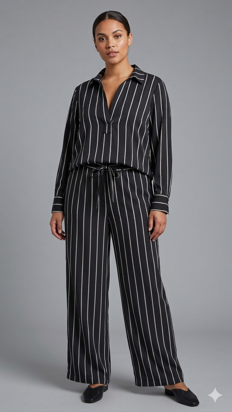 Live Unlimited Pinstripe Placket Blouse And Wide Leg Trouser Set