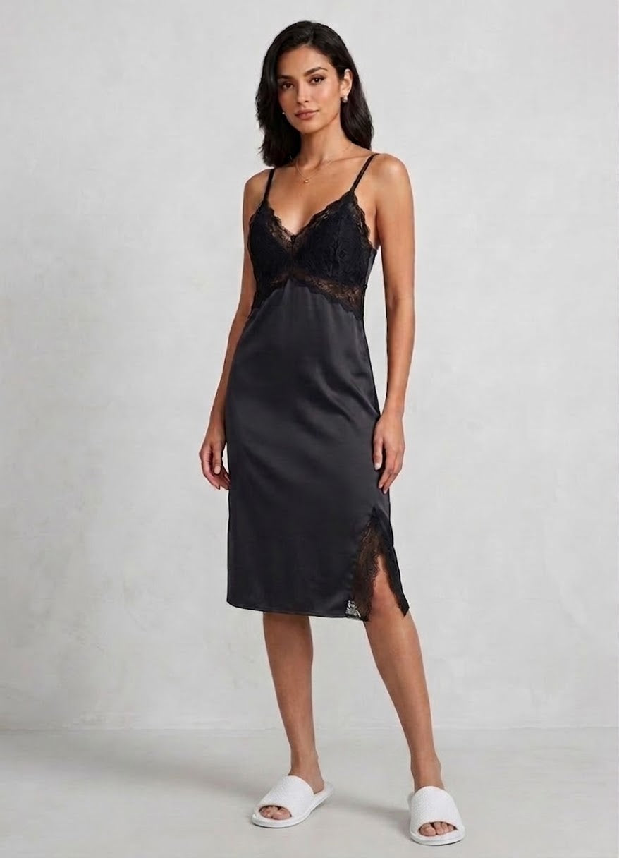 Black Satin And Lace Trim Chemise Nightwear