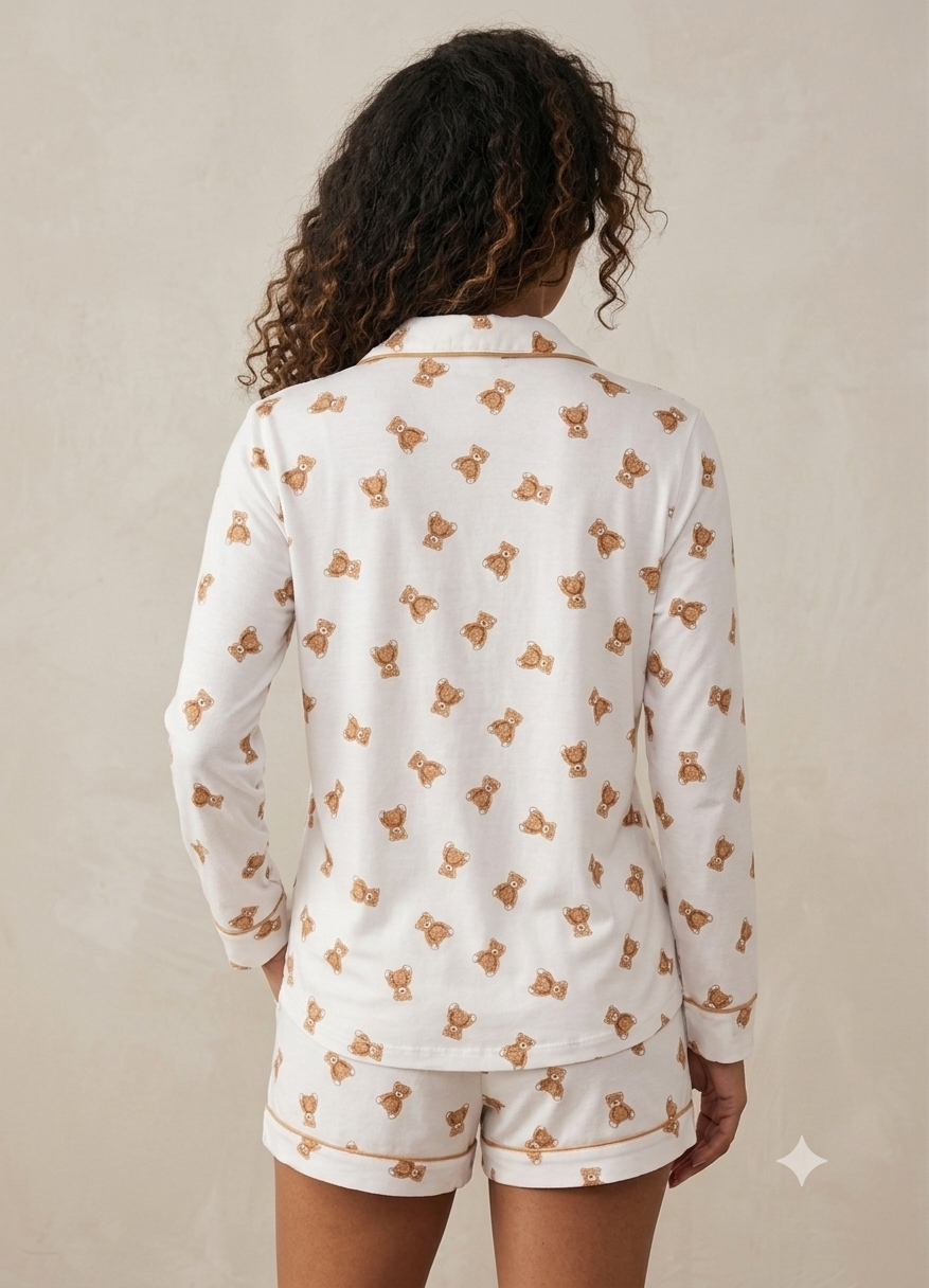 Cream Teddy Bear Print Traditional Pajamas Top