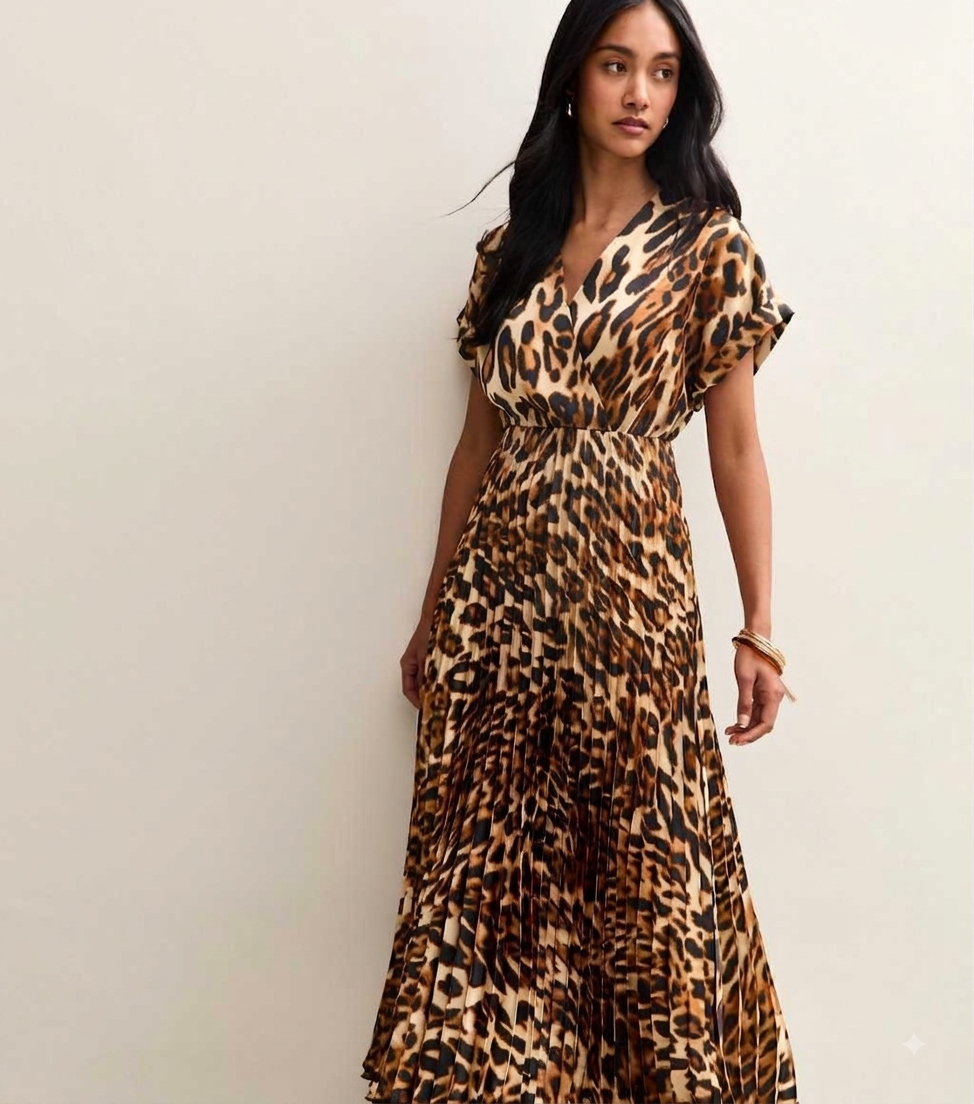 Brown Animal Print Satin Pleated Wrap Midi Dress