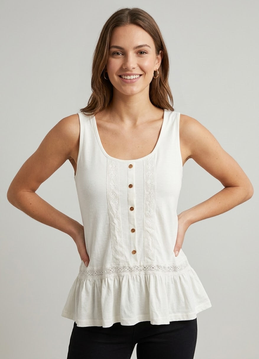 Button Front Lace Trim Peplum Vest Top
