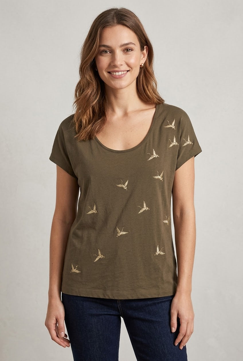 Embellished Short Sleeve Cotton Scoop Neck Top