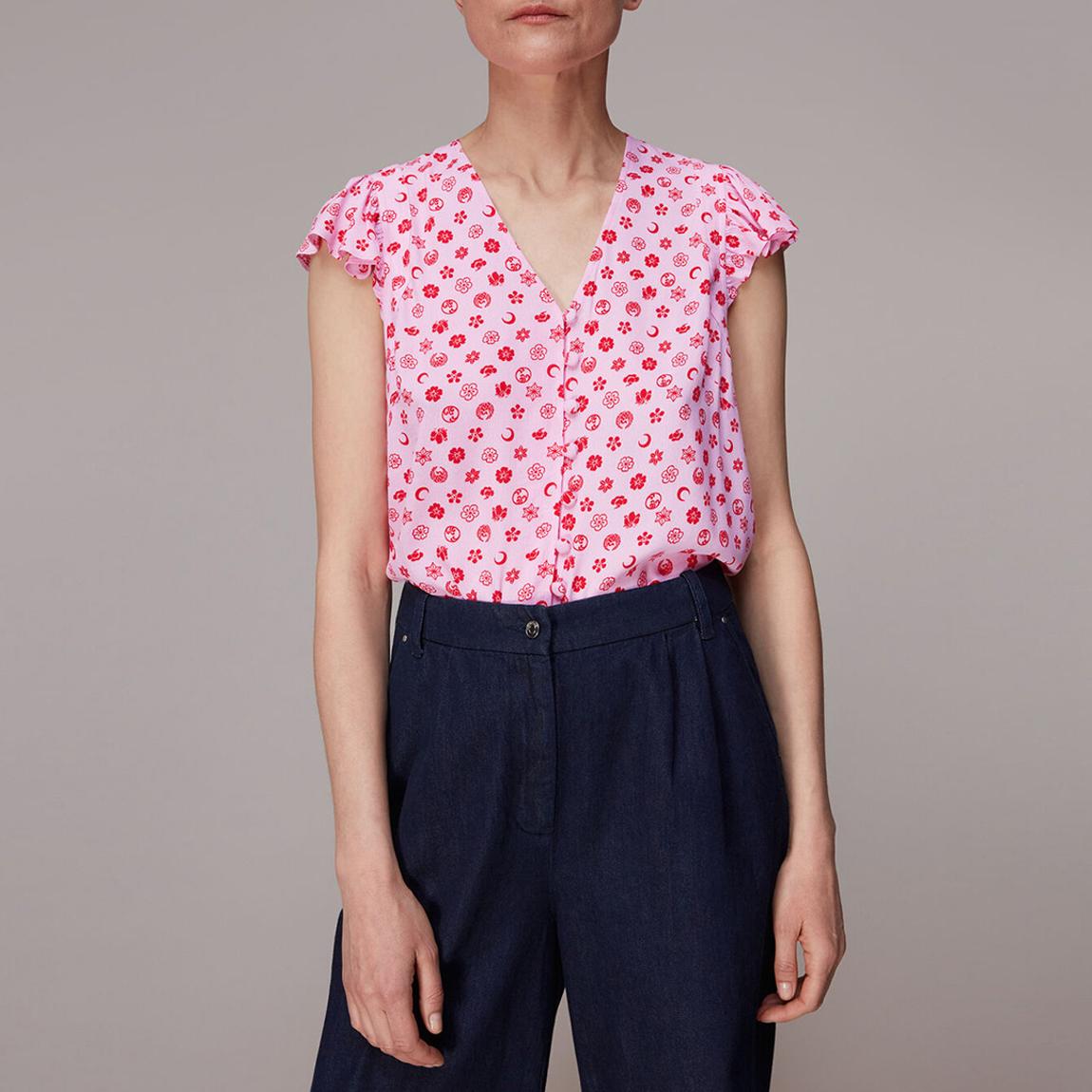 Whistles button front top in pink icon print