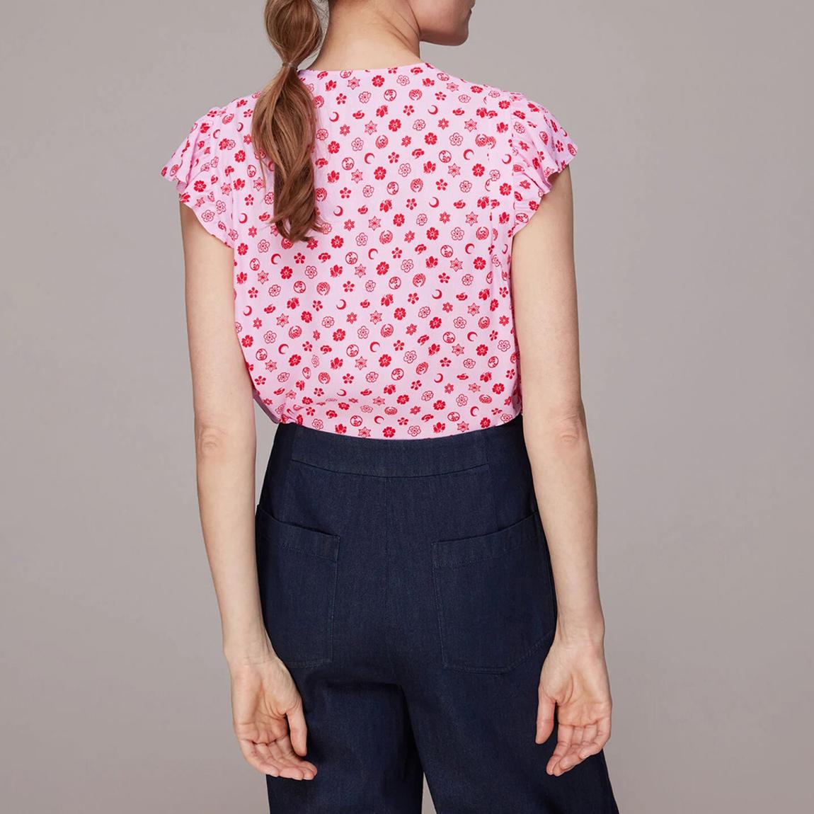 Whistles button front top in pink icon print