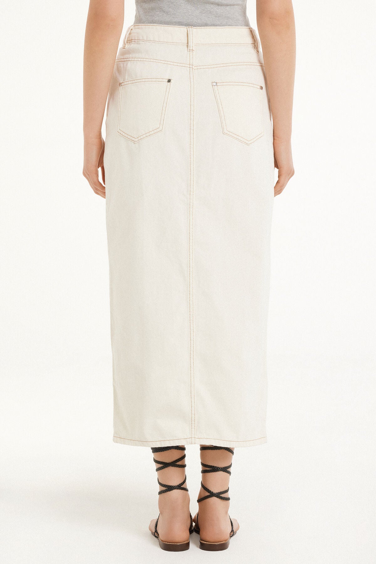 High-Waist Denim Midi Skirt with Slit