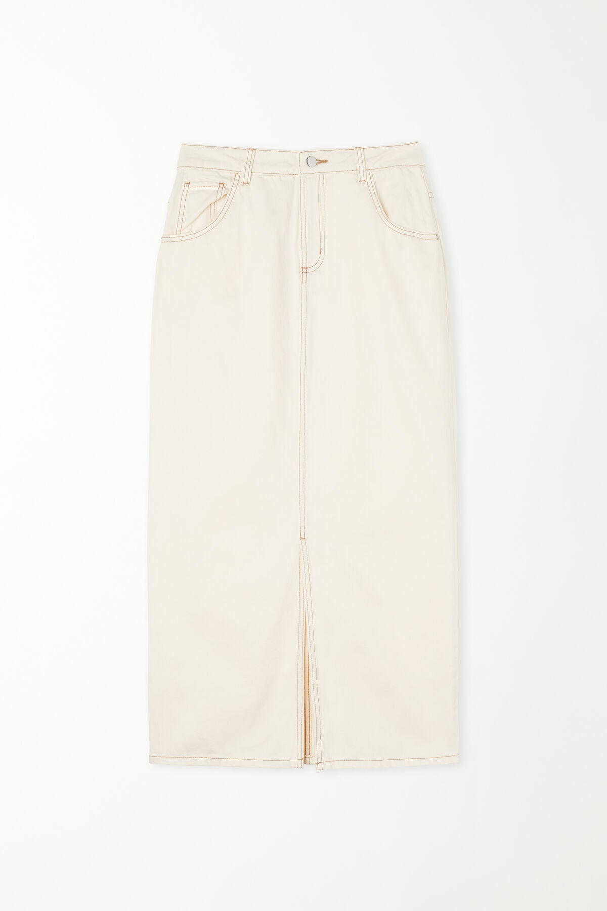 High-Waist Denim Midi Skirt with Slit