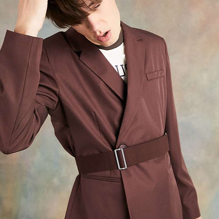 Unisex Asymmetric Belted Blazer Brown