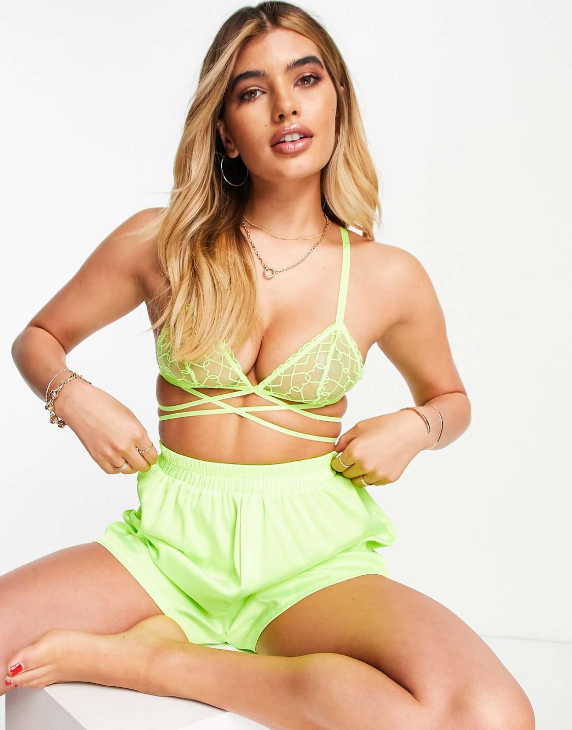 Satin Pajama Boxer Shorts in Neon Lime Green