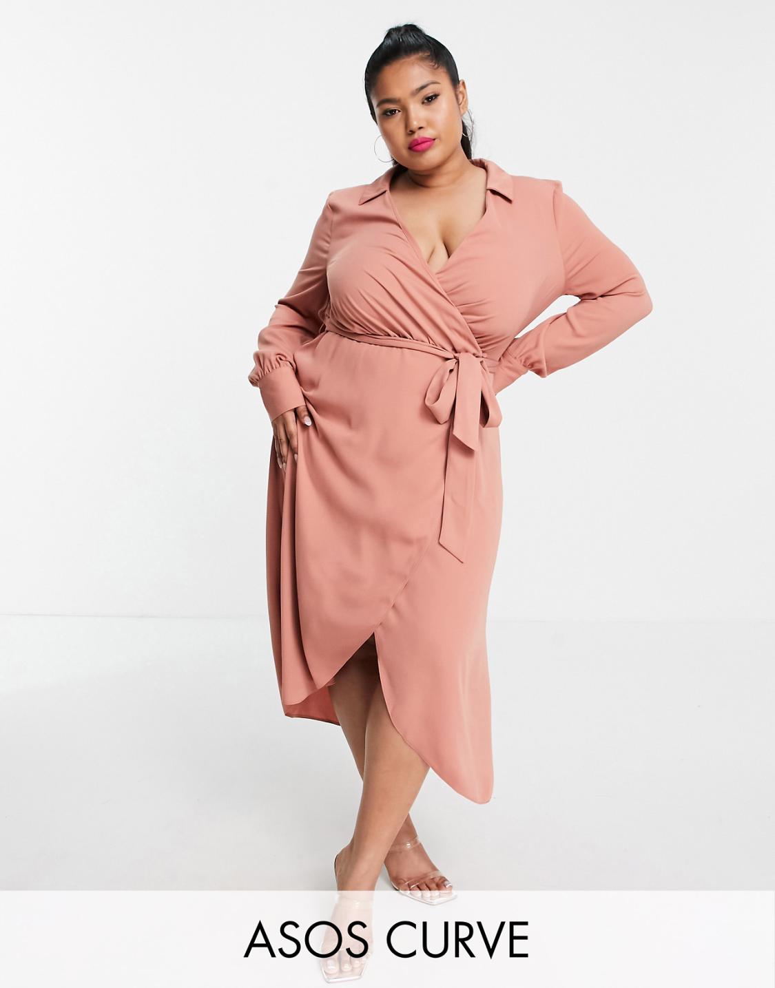 Curve Collared Wrap Midi Dress With Tie Belt in Terracotta