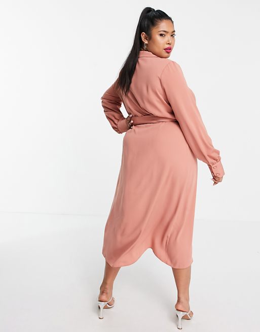 Curve Collared Wrap Midi Dress With Tie Belt in Terracotta