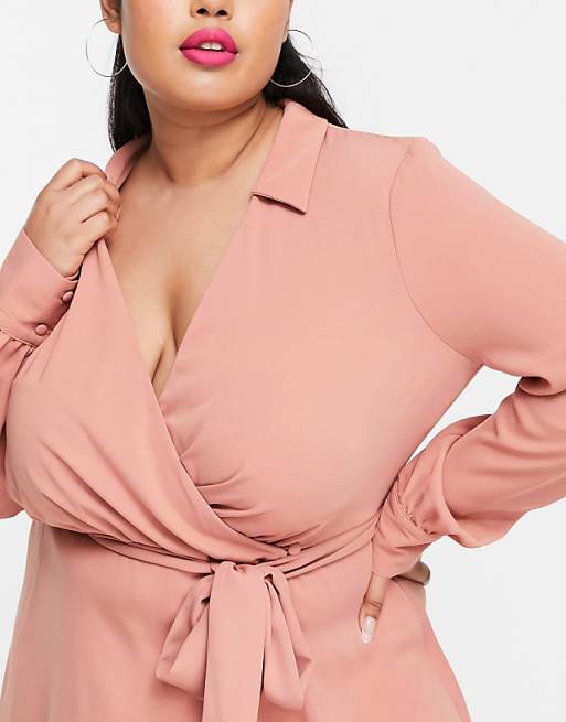 Curve Collared Wrap Midi Dress With Tie Belt in Terracotta