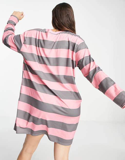 Oversized Long Sleeve T-shirt Dress in Dark Grey and Pink Stripe