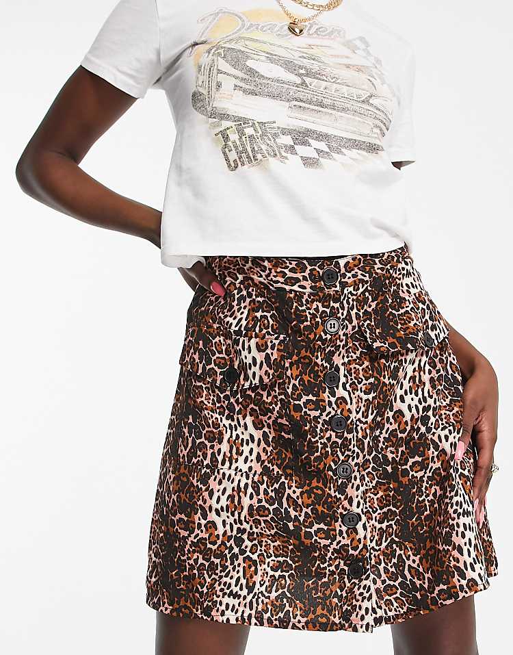 Button Through Mini A-Line Skirt In Grunge Leopard