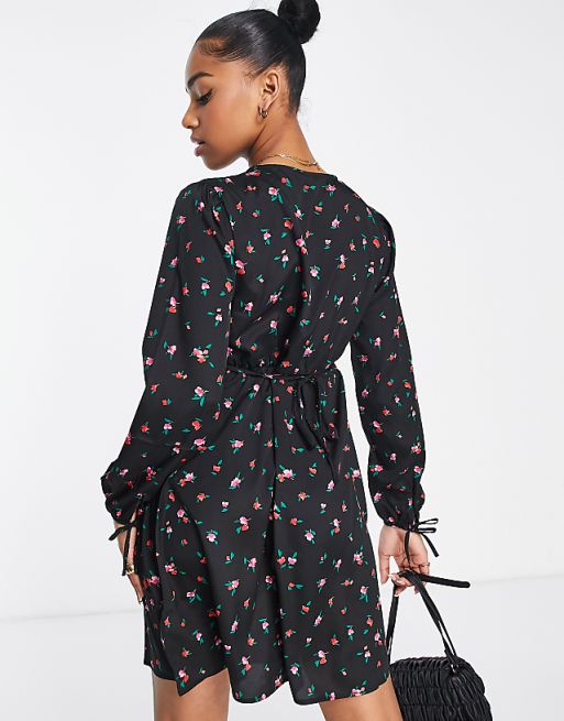 V-Neck Mini Empire Tea Dress in Black Pattern