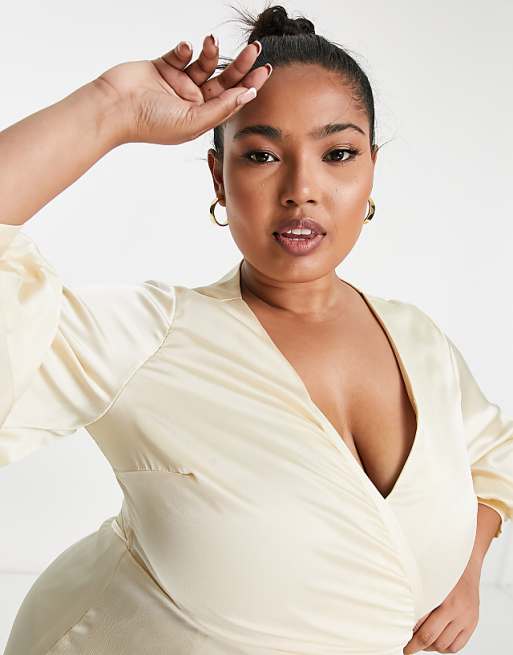 Liquorish Plus Bridesmaid Satin Wrap Midi With Puff Sleeve in Lemon