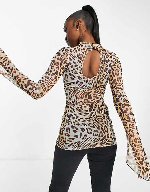 ASYOU Mesh Top with Flute Sleeves in Leopard print