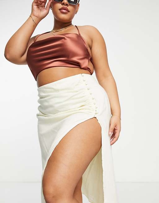 Curve drapey button side thigh split midi skirt in cream