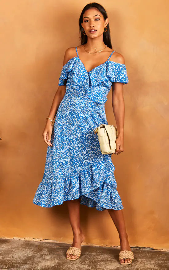 Harri Cold Shoulder Midi dress / Blue Spot