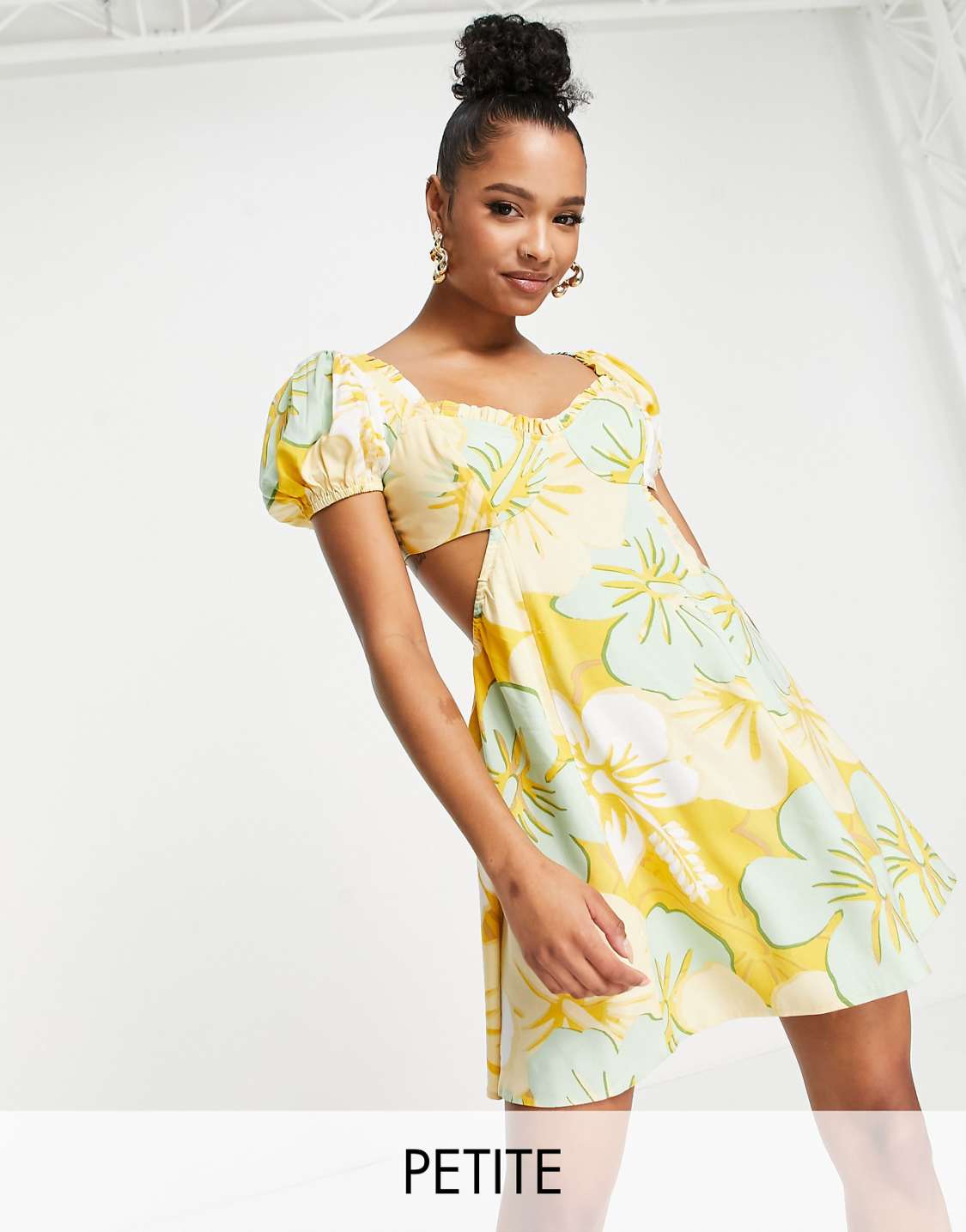 Underwire Tie Back Tea Dress in Yellow Hibiscus Print Dress