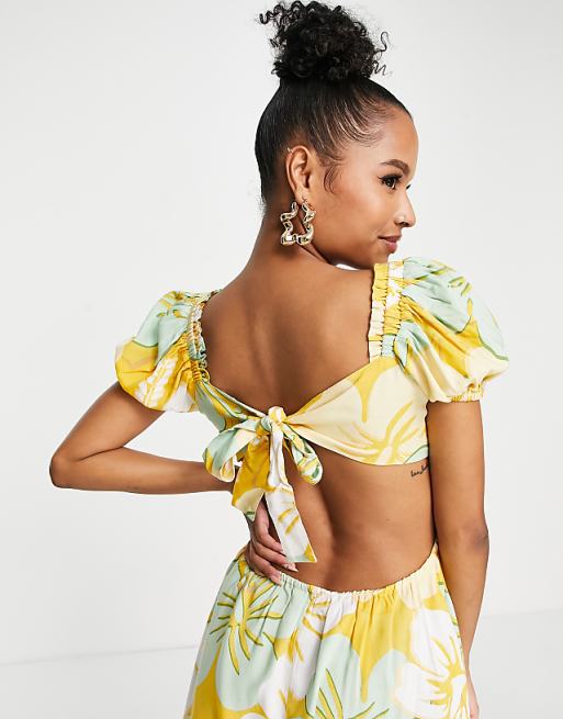Underwire Tie Back Tea Dress in Yellow Hibiscus Print Dress