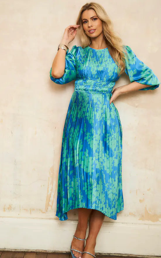 Balloon Sleeves Pleated Hem Midi Floral Dress