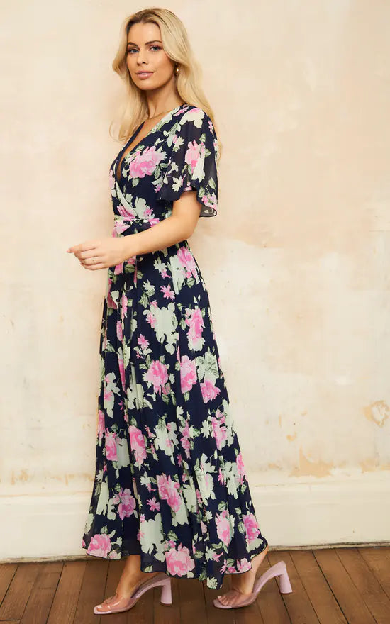 Wrap Top Pleated Bottom Navy Maxi Dress In Pink Floral