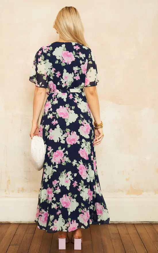 Wrap Top Pleated Bottom Navy Maxi Dress In Pink Floral