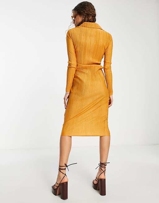 Plisse Wrap Front Long Sleeve Midi Dress in Camel