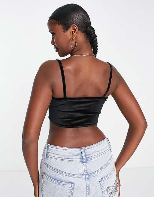 ASYOU square neck corset detail velvet cami top in black