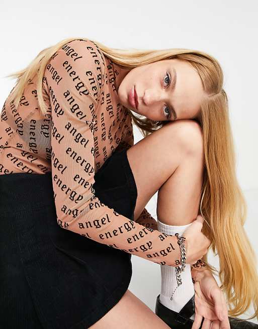 ASOS DESIGN Angel Energy Flocked Bodysuit in Camel