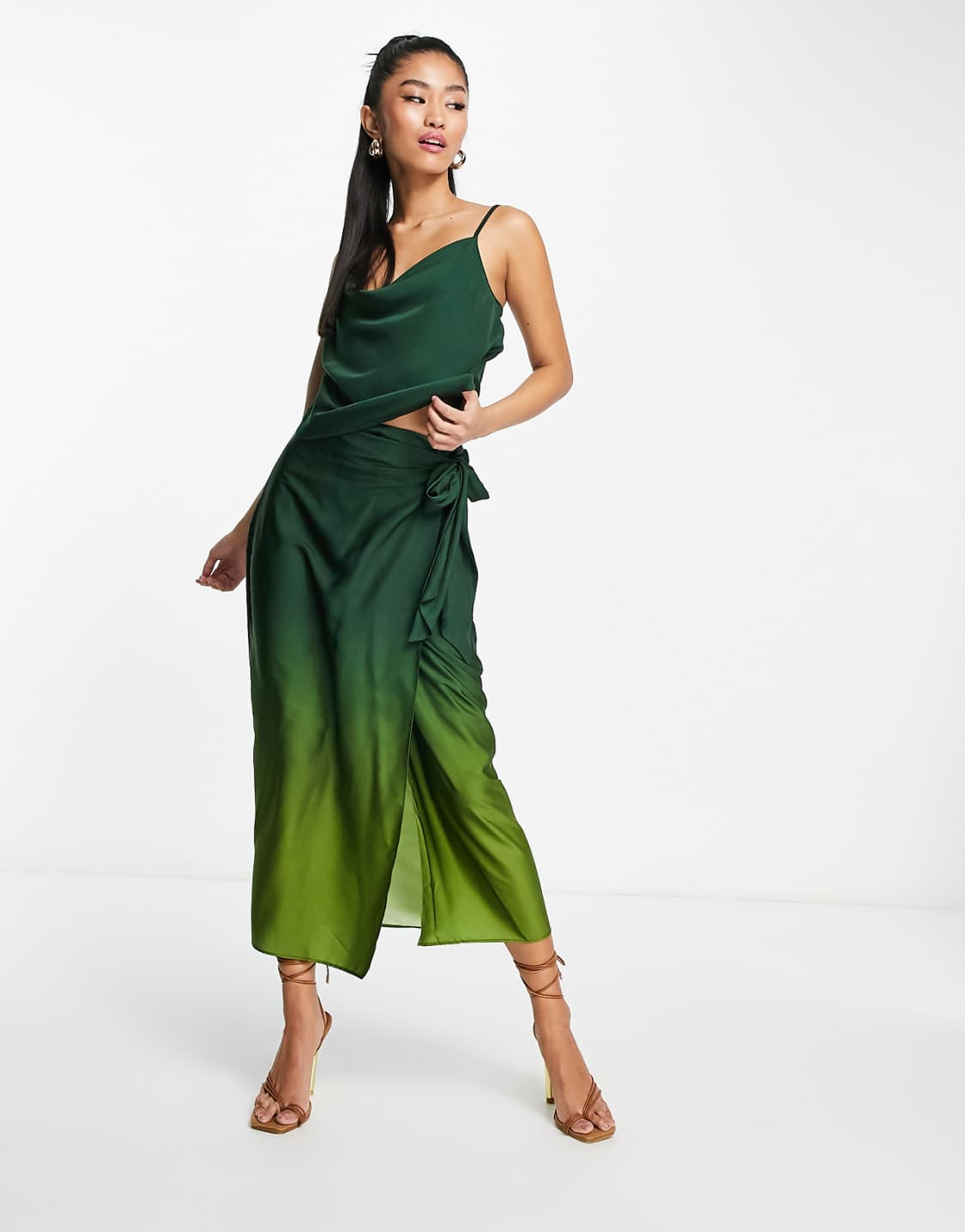 Satin Midi Skirt Co-ord in Green Ombre